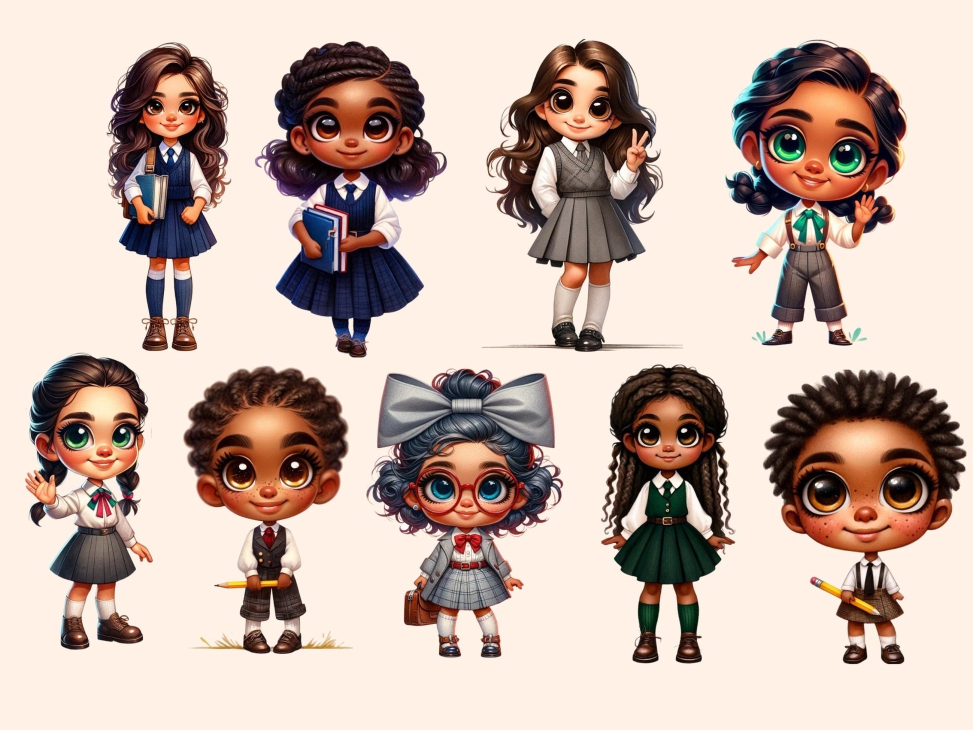 School Girls Clipart - High - Quality Instant Digital Download for Creative Projects