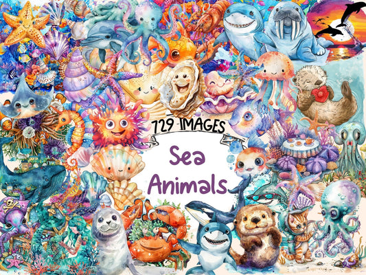 Sea Animals Watercolor Clipart - High - Quality Instant Digital Download for Creative Projects