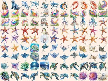 Sea Animals Watercolor Clipart cute animal clipart - Wonders Artist