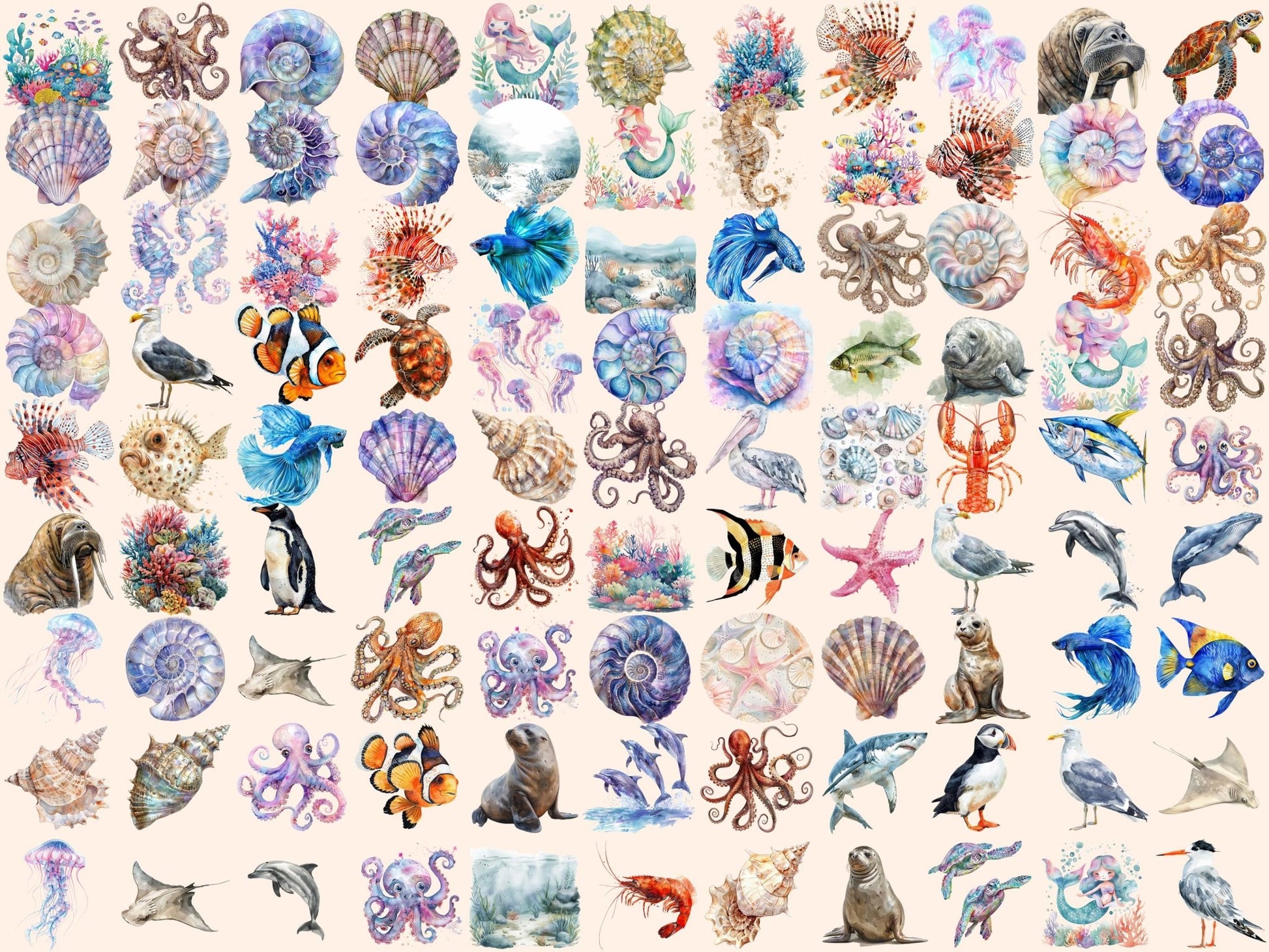 Sea Life Watercolor Clipart - High - Quality Instant Digital Download for Creative Projects