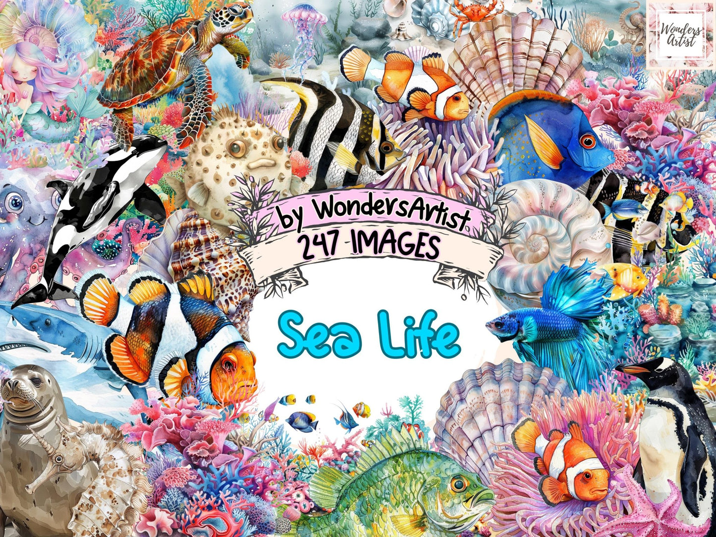 Sea Life Watercolor Clipart - High - Quality Instant Digital Download for Creative Projects