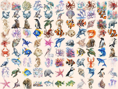 Sea Life Watercolor Clipart Aquatic Animals - Wonders Artist