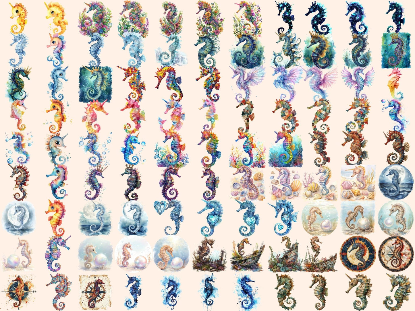 Seahorses Watercolor Clipart - High - Quality Instant Digital Download for Creative Projects