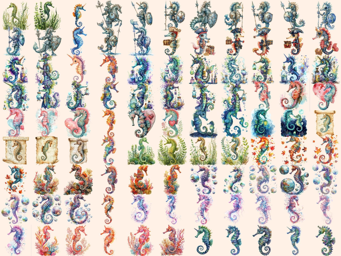 Seahorses Watercolor Clipart - High - Quality Instant Digital Download for Creative Projects