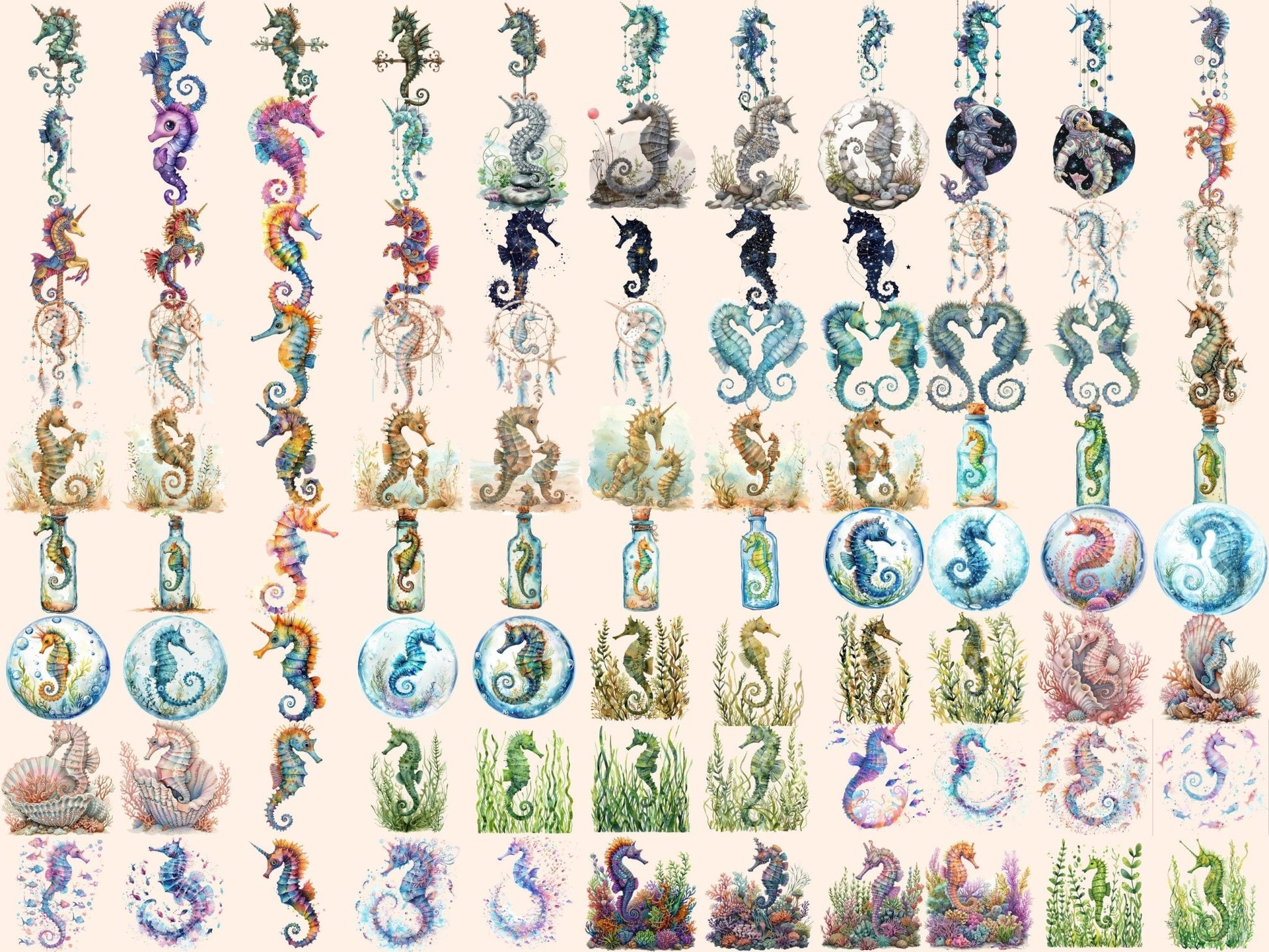 Seahorses Watercolor Clipart - High - Quality Instant Digital Download for Creative Projects