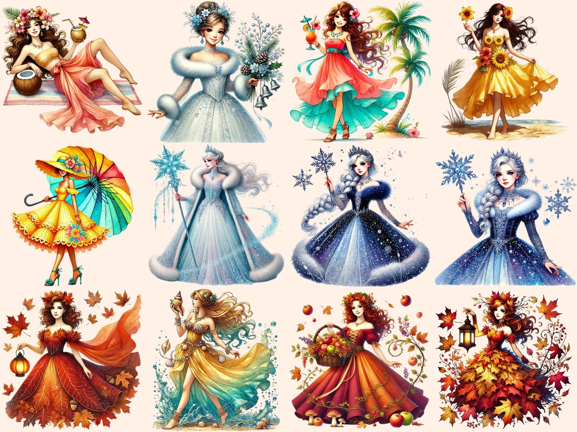 Season Princesses Clipart - High - Quality Instant Digital Download for Creative Projects