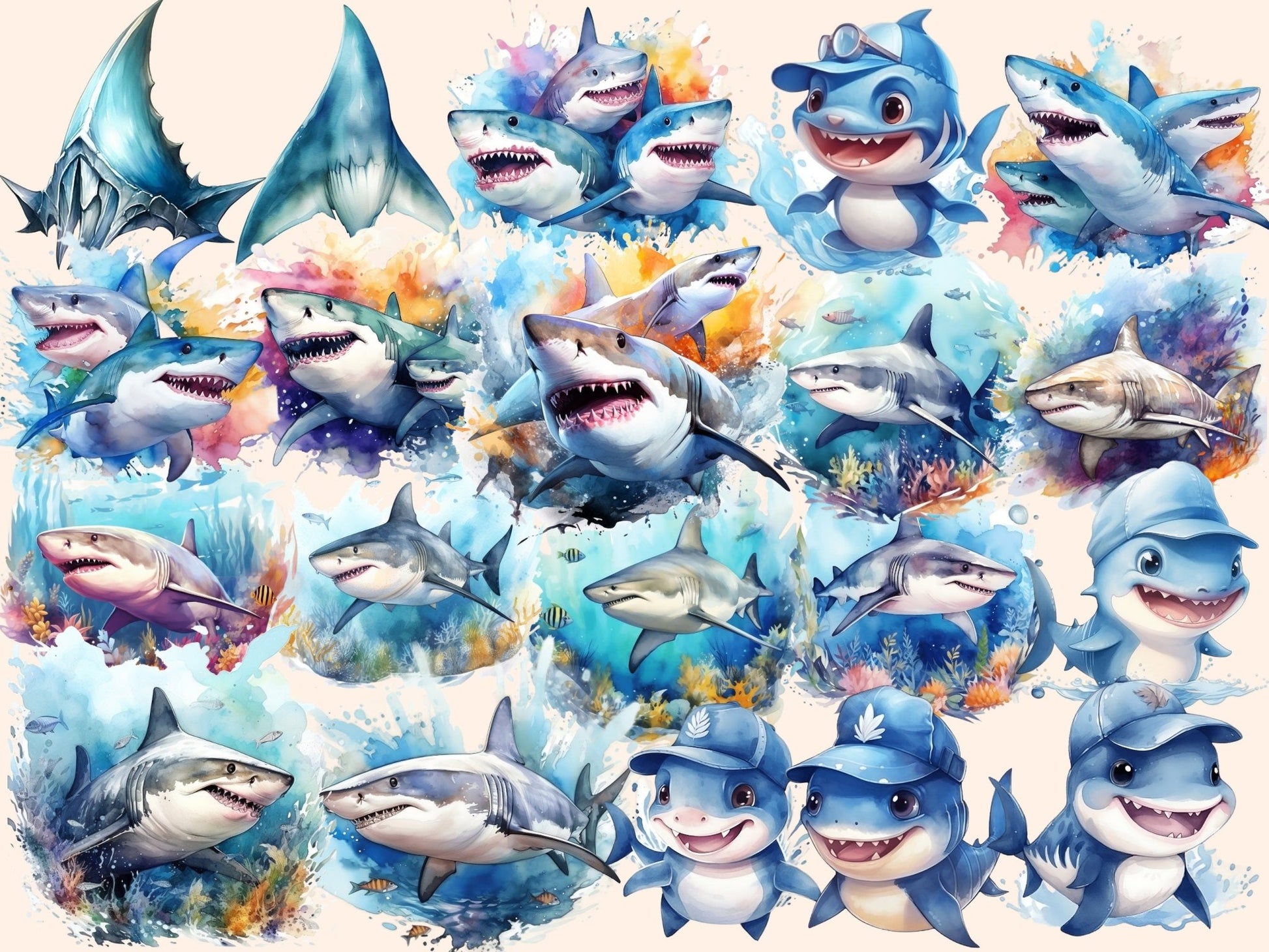 Sharks Watercolor Clipart - High - Quality Instant Digital Download for Creative Projects