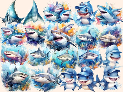 Sharks Watercolor Clipart baby shark clipart - Wonders Artist