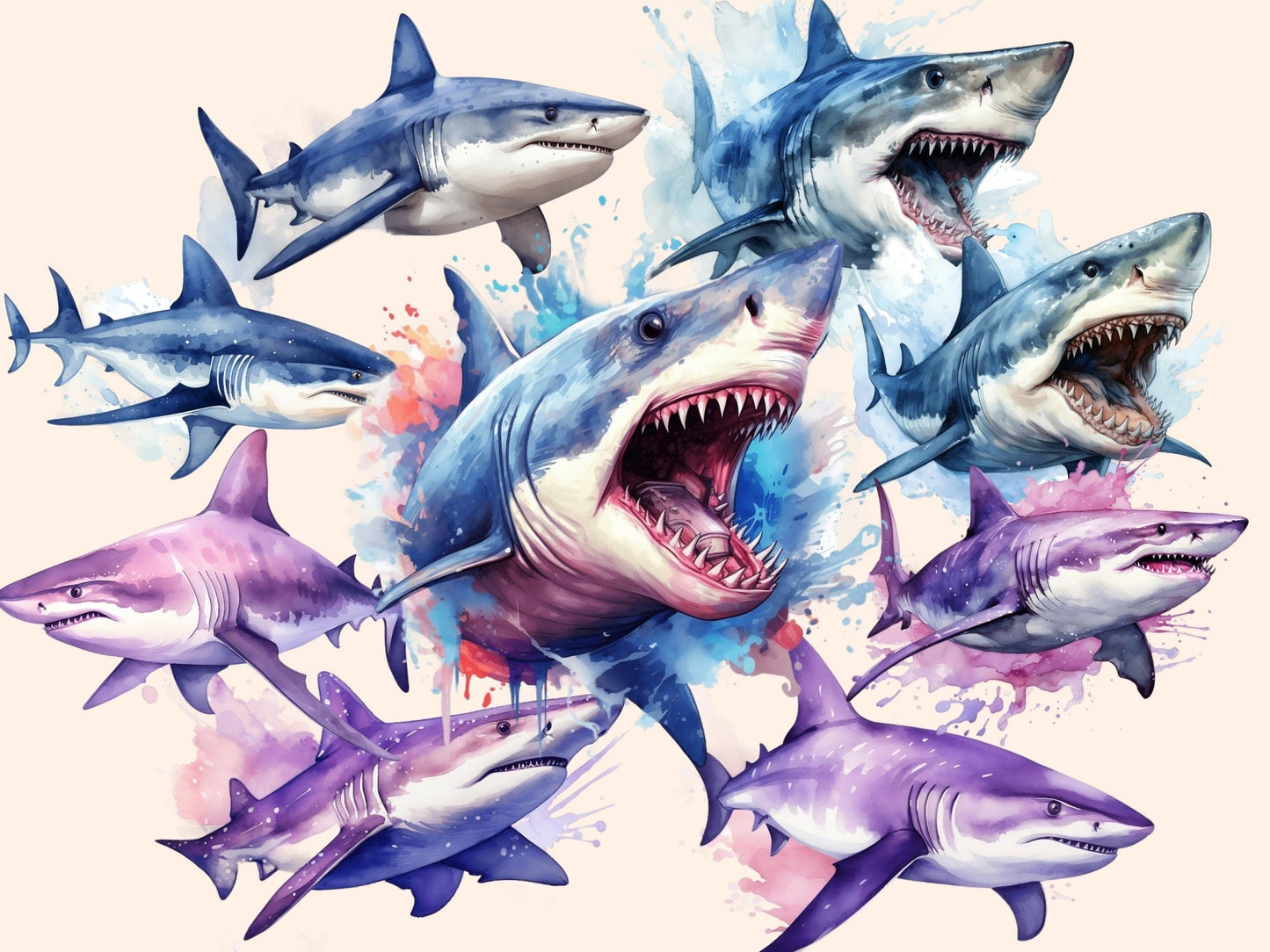 Sharks Watercolor Clipart - High - Quality Instant Digital Download for Creative Projects