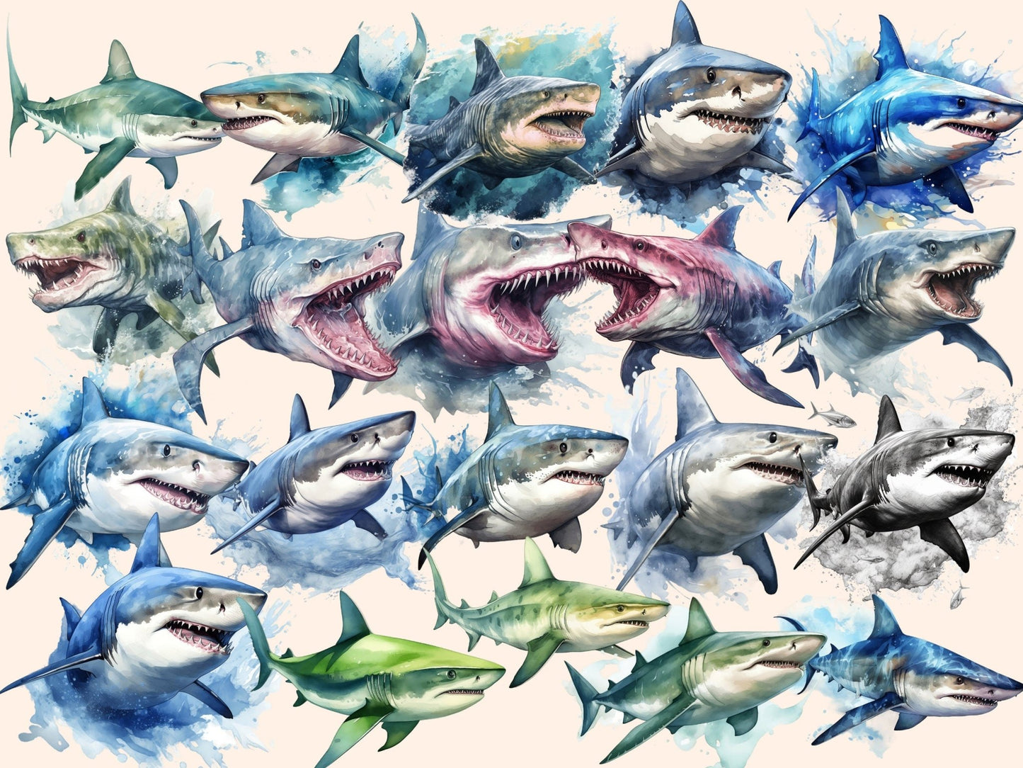 Sharks Watercolor Clipart - High - Quality Instant Digital Download for Creative Projects