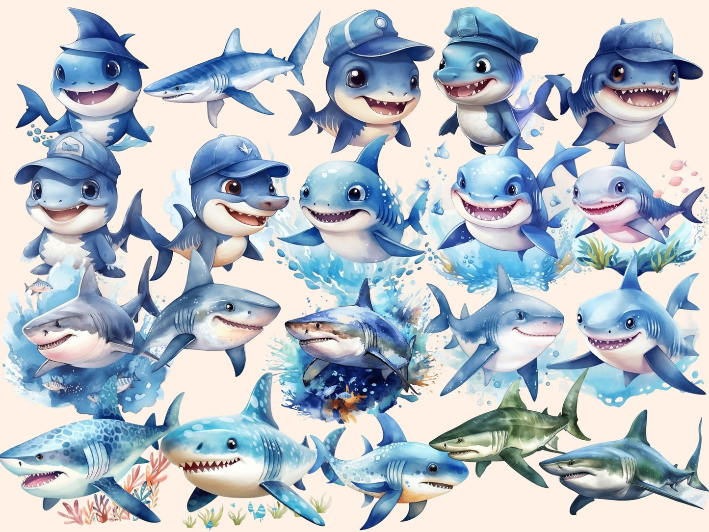 Sharks Watercolor Clipart - High - Quality Instant Digital Download for Creative Projects