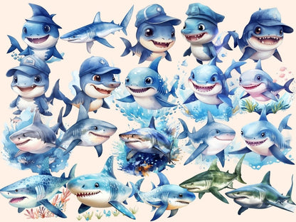 Sharks Watercolor Clipart baby shark clipart - Wonders Artist