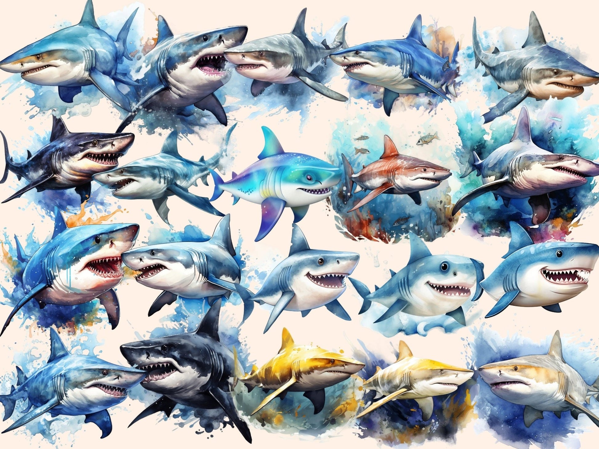 Sharks Watercolor Clipart - High - Quality Instant Digital Download for Creative Projects