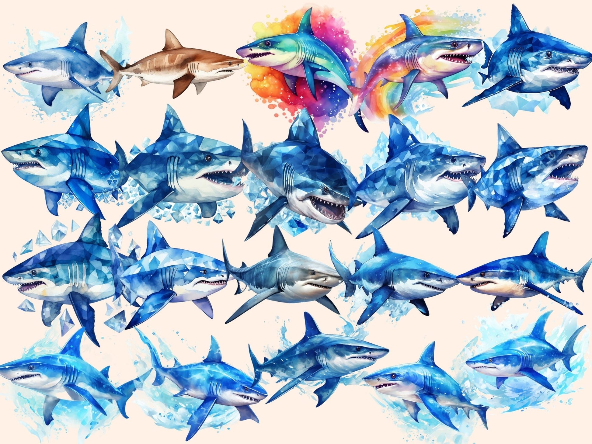 Sharks Watercolor Clipart - High - Quality Instant Digital Download for Creative Projects