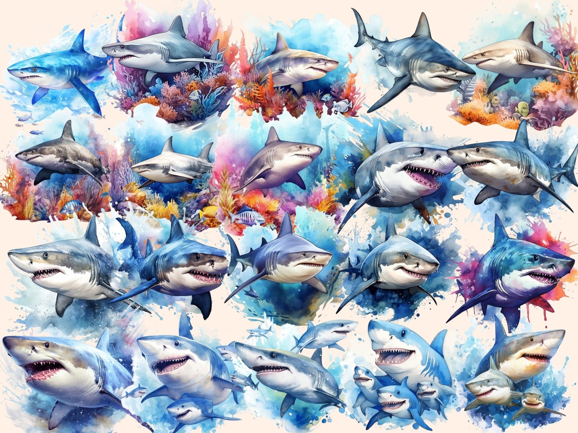 Sharks Watercolor Clipart - High - Quality Instant Digital Download for Creative Projects