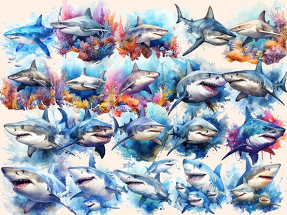 Sharks Watercolor Clipart baby shark clipart - Wonders Artist