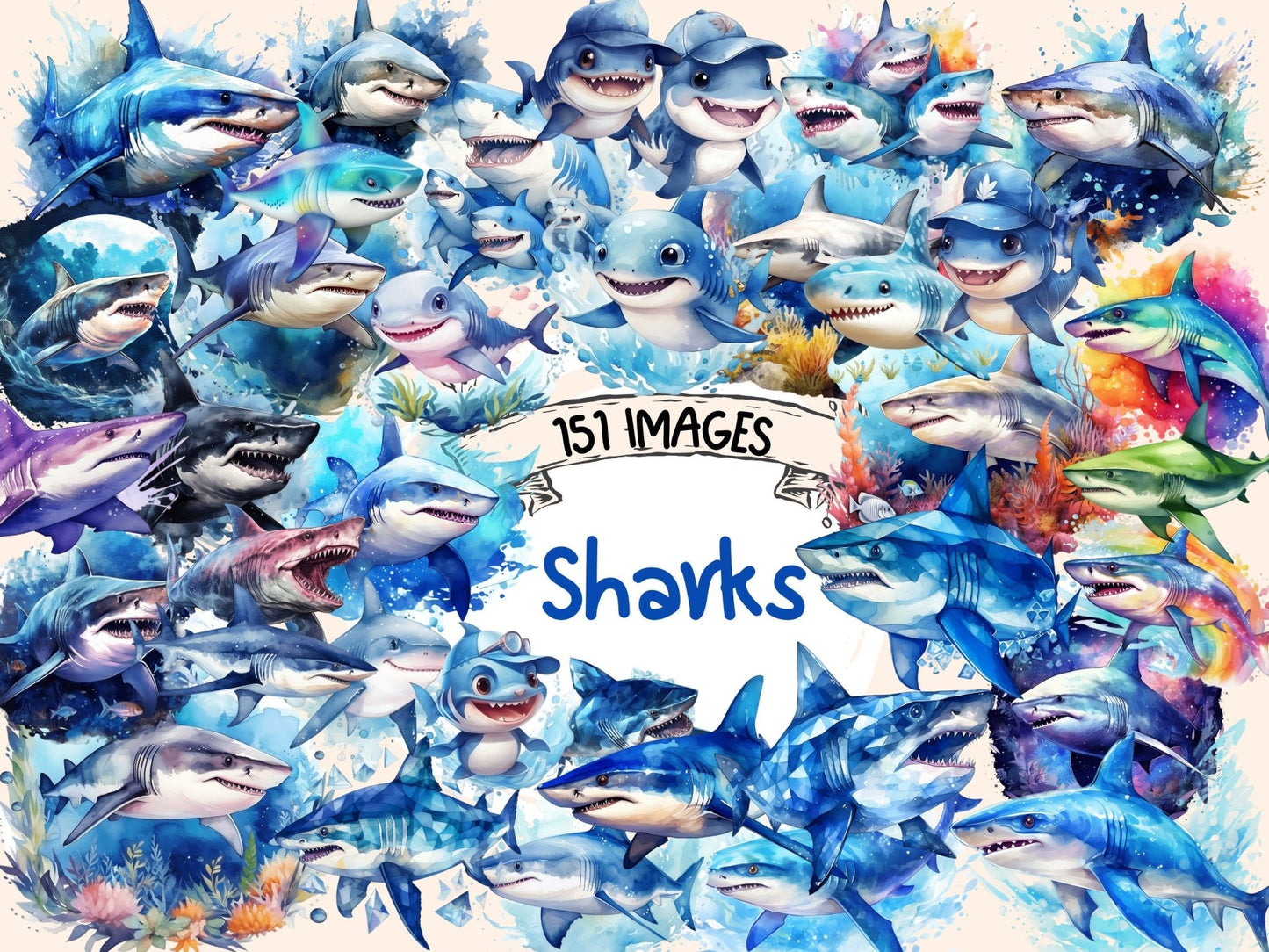 Sharks Watercolor Clipart - High - Quality Instant Digital Download for Creative Projects