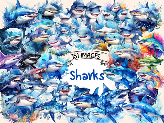 Sharks Watercolor Clipart - High - Quality Instant Digital Download for Creative Projects