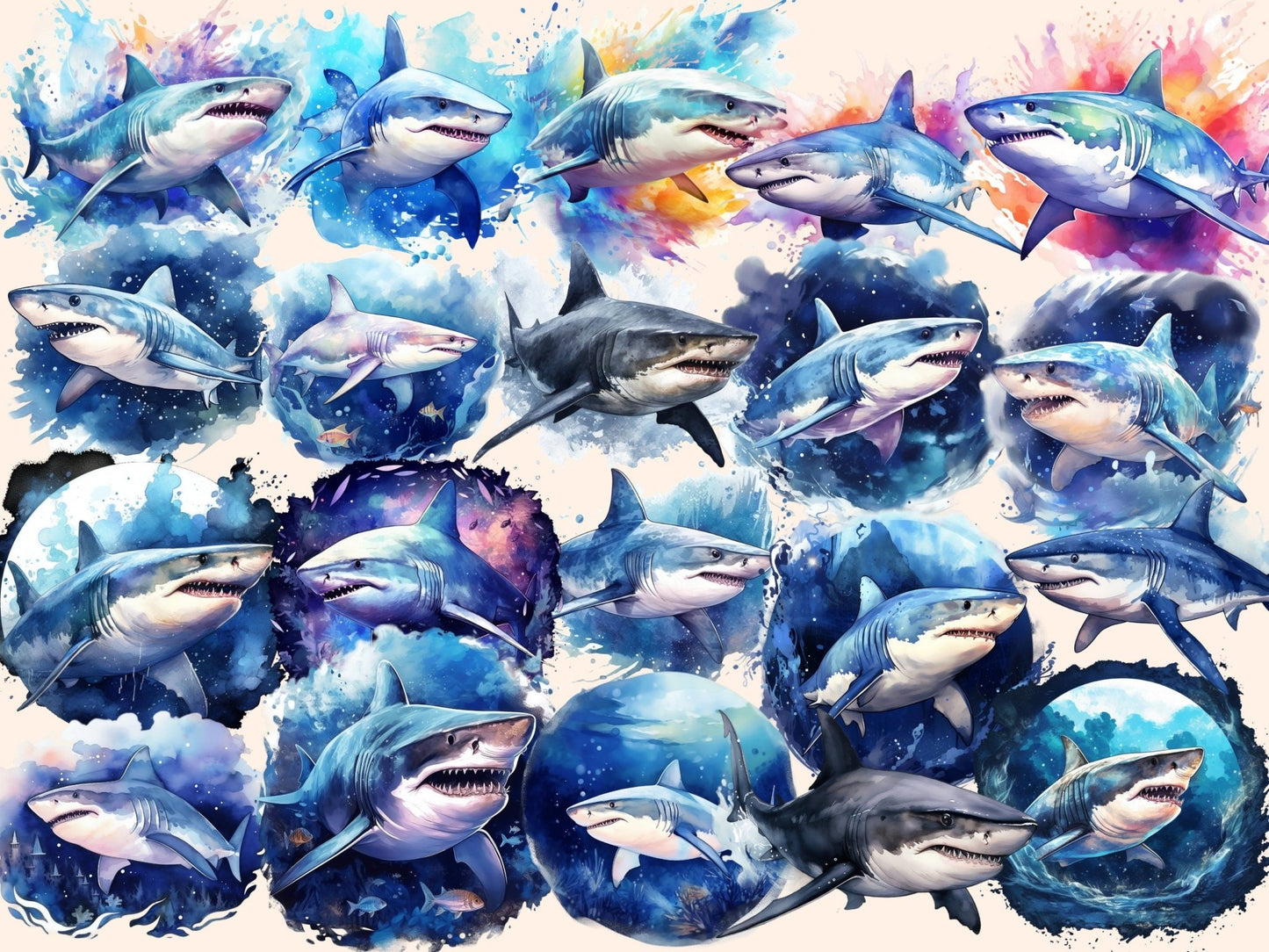 Sharks Watercolor Clipart - High - Quality Instant Digital Download for Creative Projects