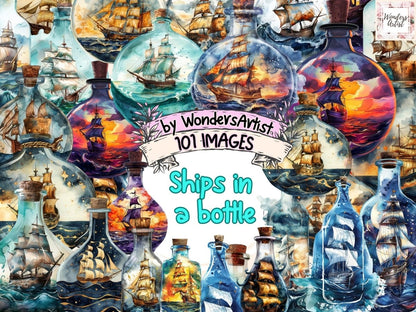 Ships in a Bottle Watercolor Clipart Bottle Art - Wonders Artist