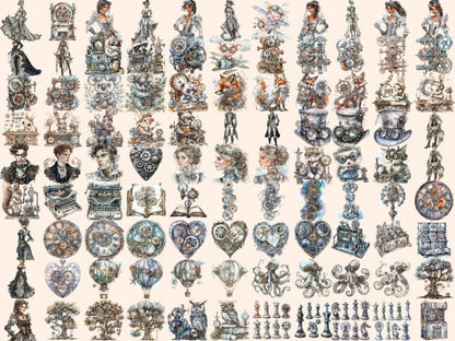 Silver Steampunk Watercolor Clipart shiny clipart - Wonders Artist