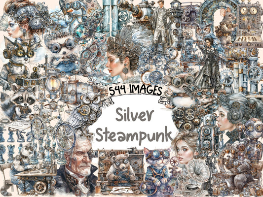 Silver Steampunk Watercolor Clipart - High - Quality Instant Digital Download for Creative Projects