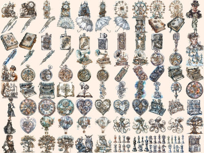 Silver Steampunk Watercolor Clipart shiny clipart - Wonders Artist