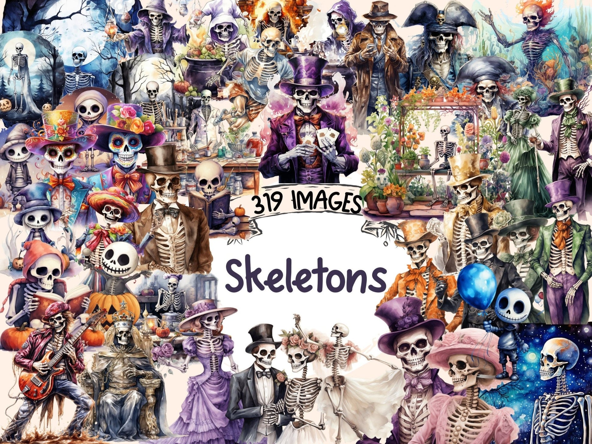 Skeletons Watercolor Clipart - High - Quality Instant Digital Download for Creative Projects