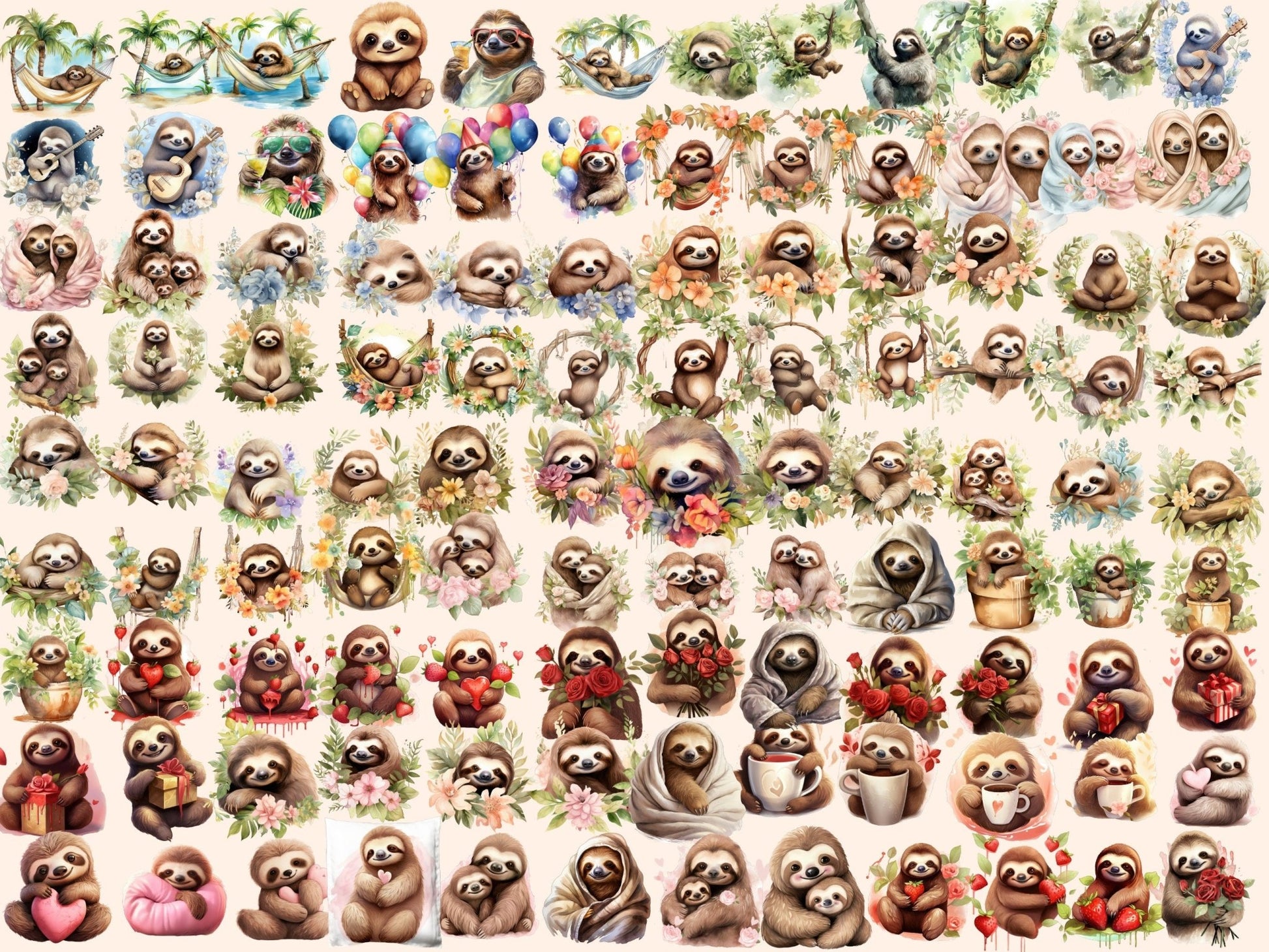 Sloths Watercolor Clipart - High - Quality Instant Digital Download for Creative Projects