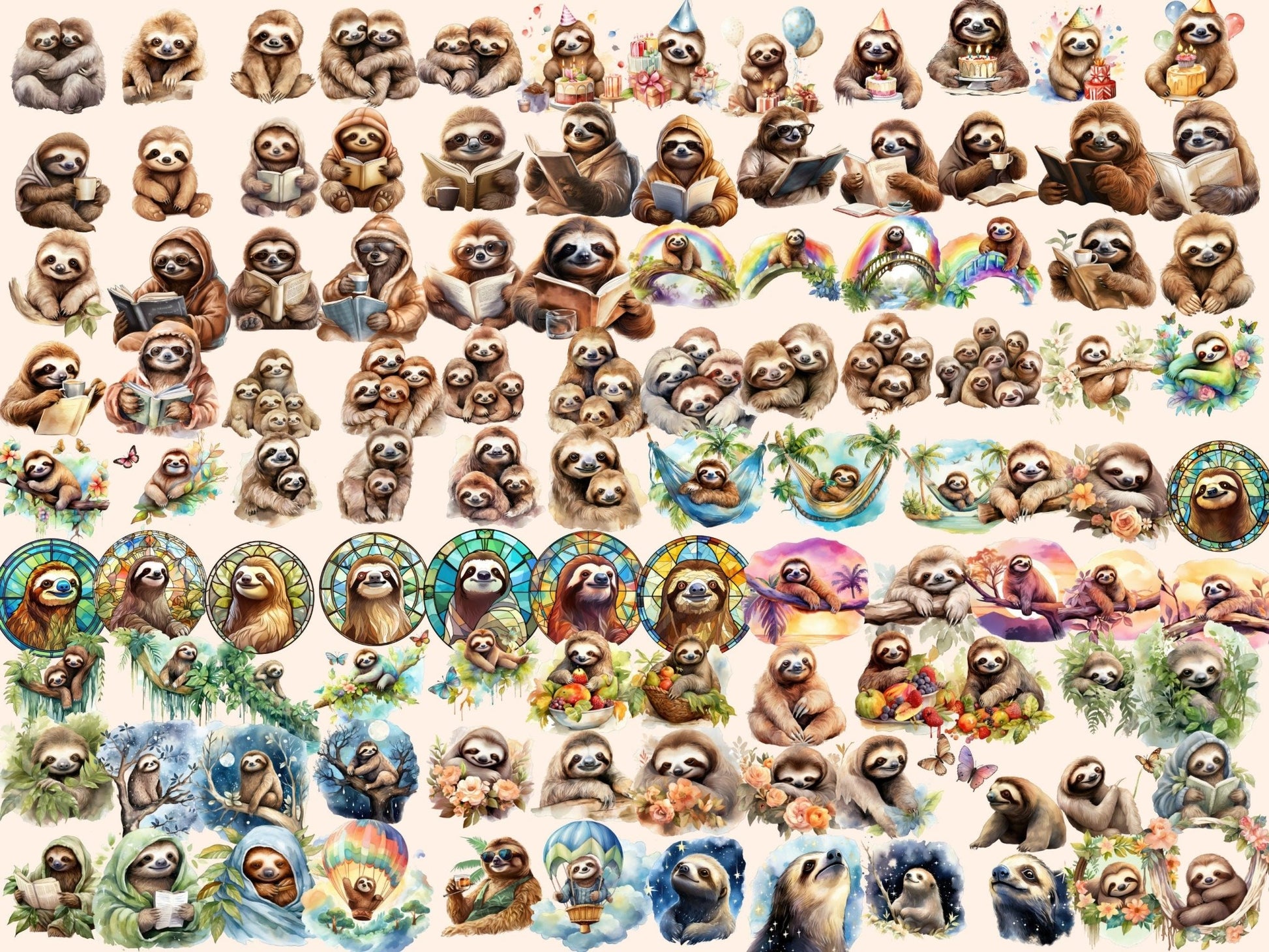 Sloths Watercolor Clipart - High - Quality Instant Digital Download for Creative Projects