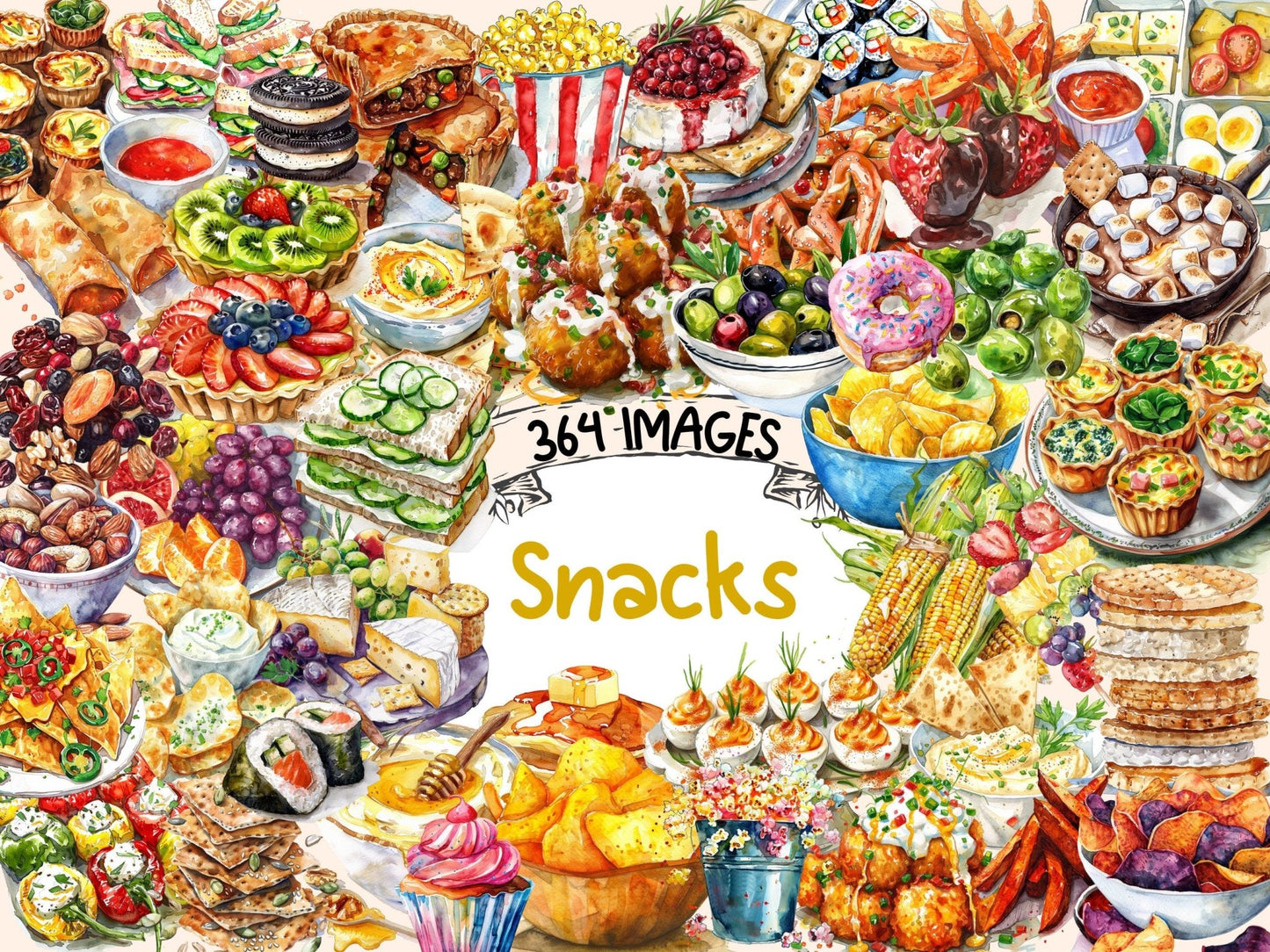 Snacks Watercolor Clipart - High - Quality Instant Digital Download for Creative Projects