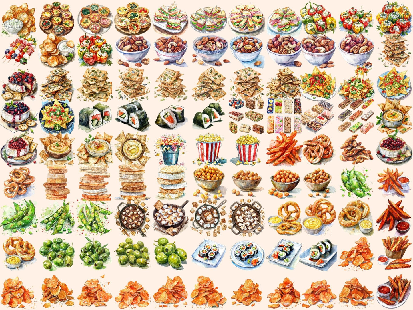 Snacks Watercolor Clipart - High - Quality Instant Digital Download for Creative Projects