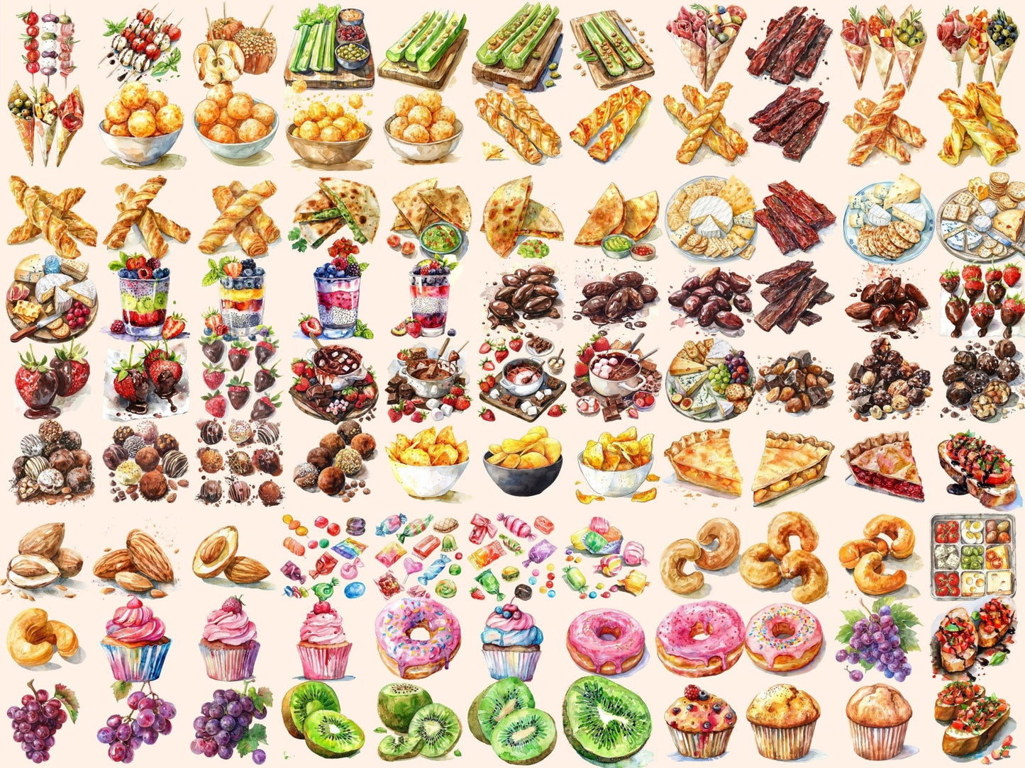 Snacks Watercolor Clipart - High - Quality Instant Digital Download for Creative Projects