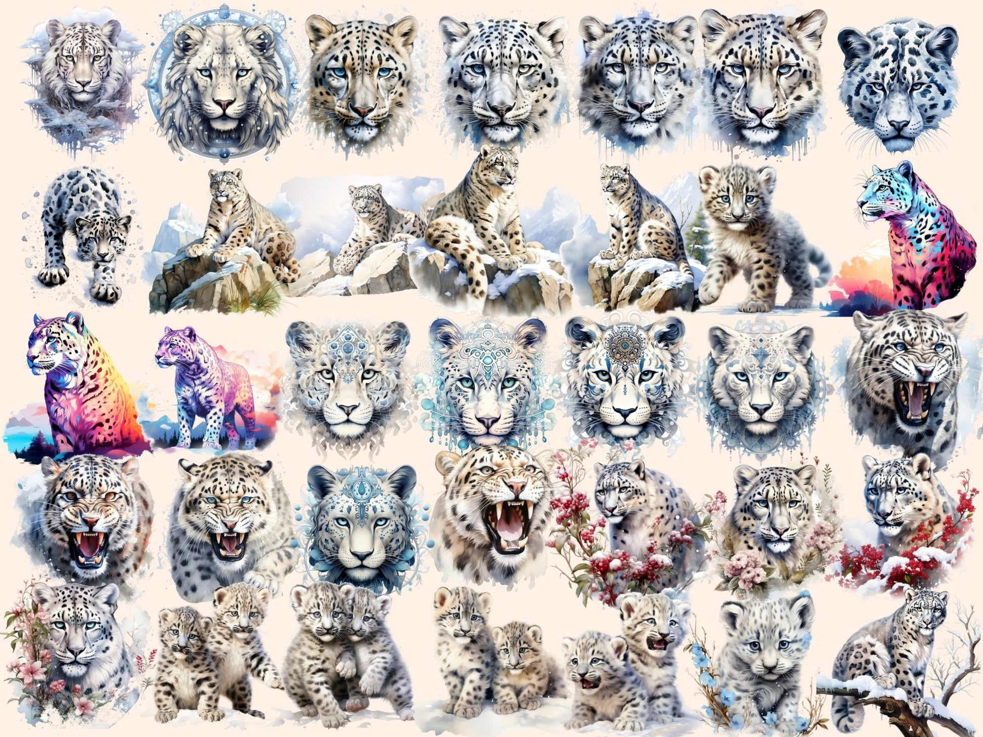 Snow Leopards Watercolor Clipart - High - Quality Instant Digital Download for Creative Projects