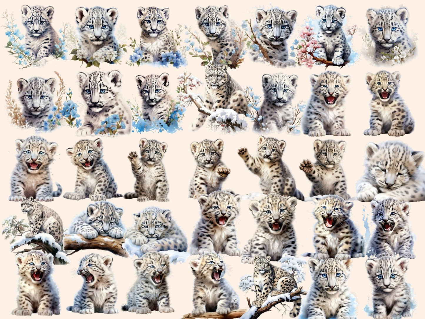 Snow Leopards Watercolor Clipart - High - Quality Instant Digital Download for Creative Projects