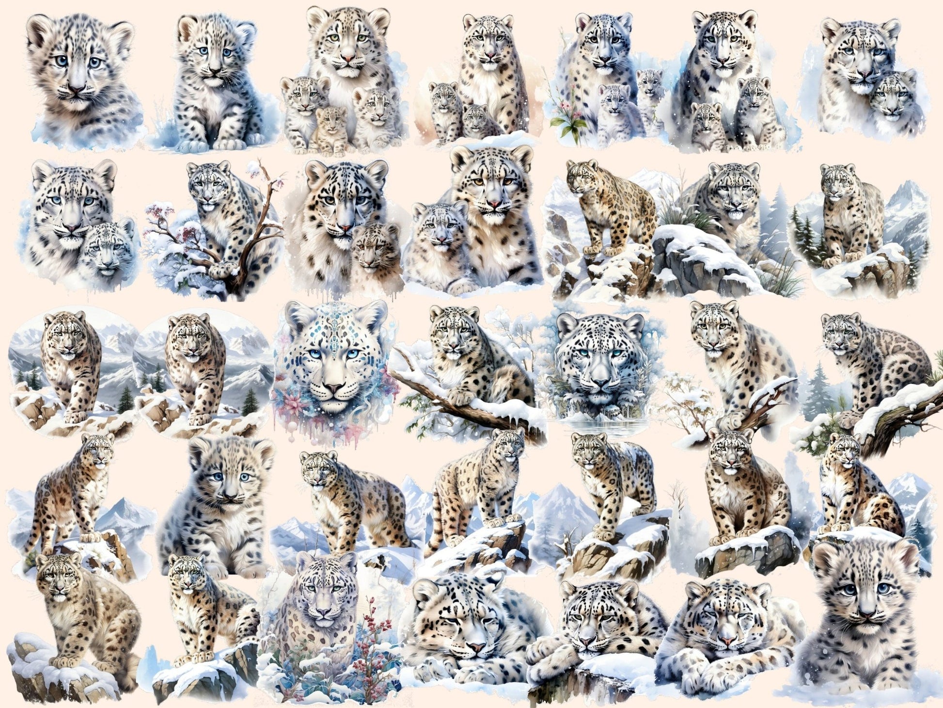 Snow Leopards Watercolor Clipart - High - Quality Instant Digital Download for Creative Projects