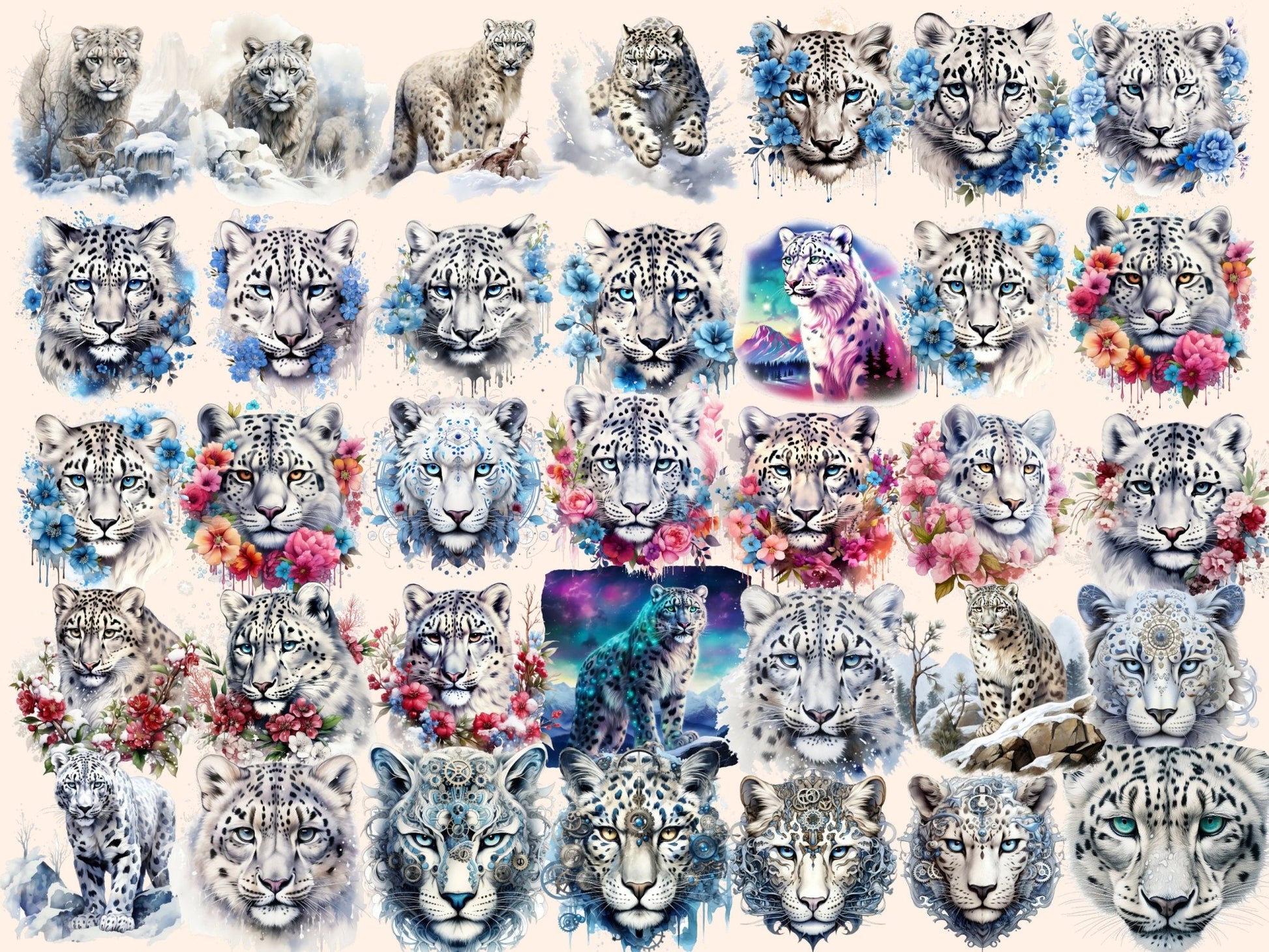 Snow Leopards Watercolor Clipart - High - Quality Instant Digital Download for Creative Projects