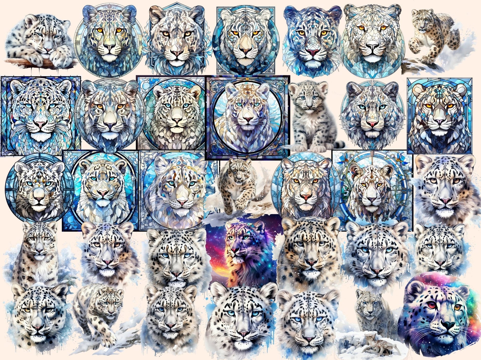 Snow Leopards Watercolor Clipart - High - Quality Instant Digital Download for Creative Projects