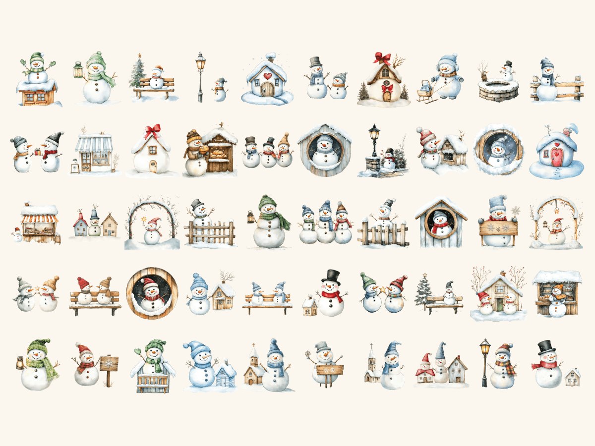 Snowman Village Watercolor Clipart All Bundles Clipart Line Art - WondersArtist