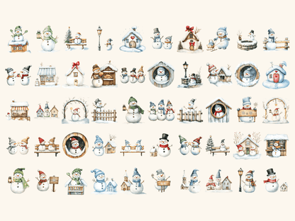 Snowman Village Watercolor Clipart All Bundles Clipart Line Art - WondersArtist