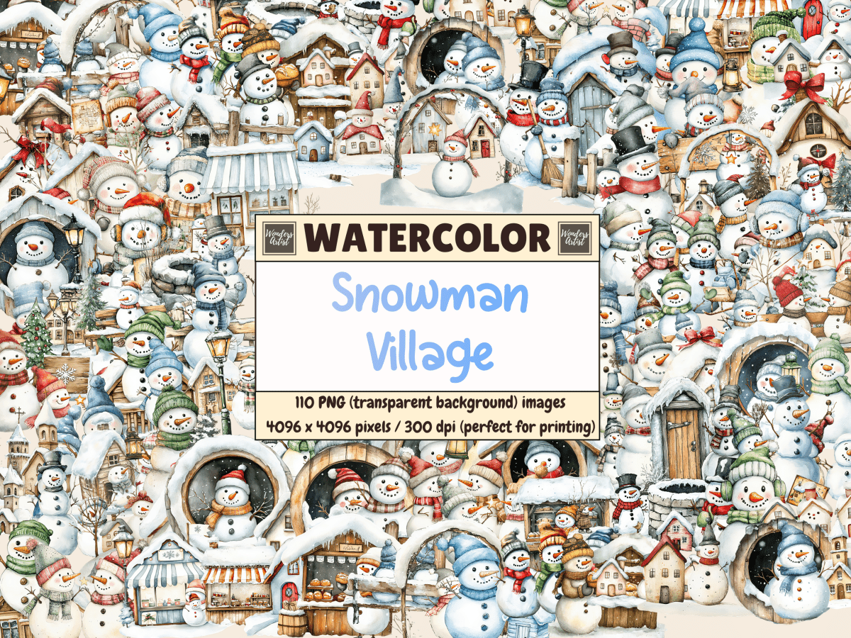 Snowman Village Watercolor Clipart All Bundles Clipart Line Art - WondersArtist