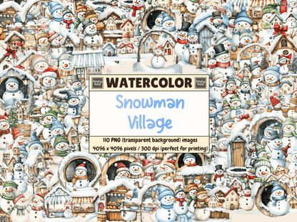 Snowman Village Watercolor Clipart All Bundles Clipart Line Art - WondersArtist