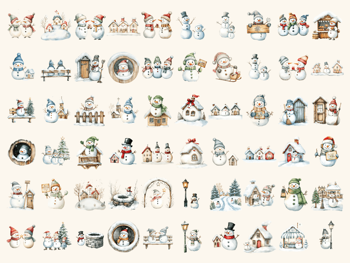 Snowman Village Watercolor Clipart All Bundles Clipart Line Art - WondersArtist