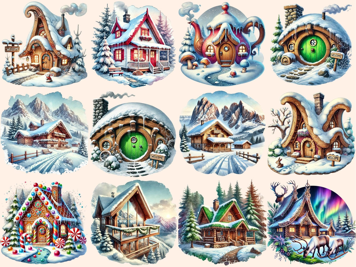 Snowy Cabins Clipart - High - Quality Instant Digital Download for Creative Projects