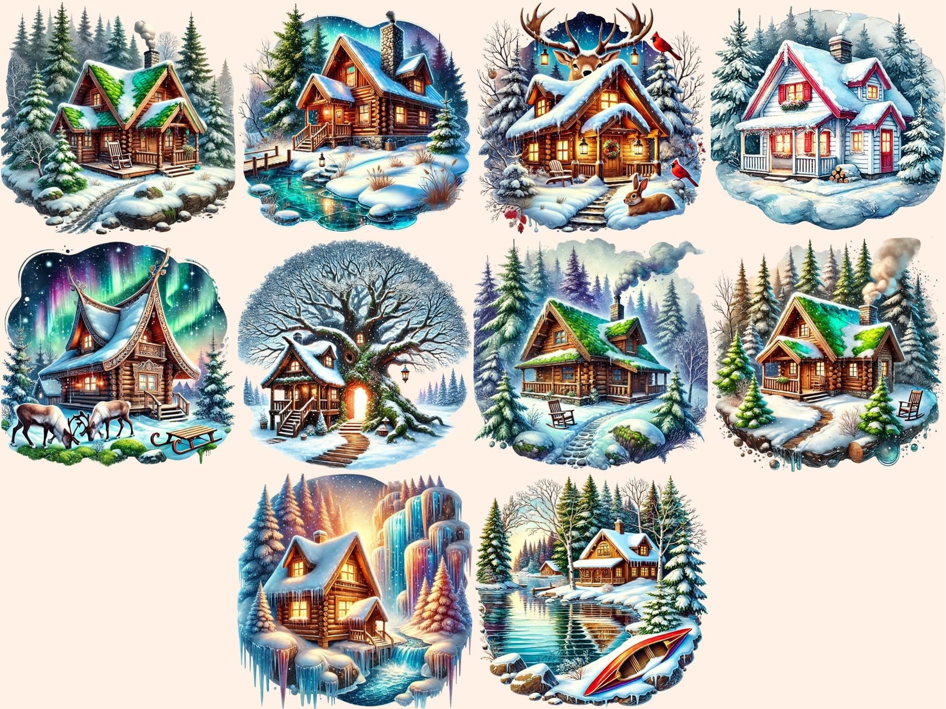 Snowy Cabins Clipart - High - Quality Instant Digital Download for Creative Projects