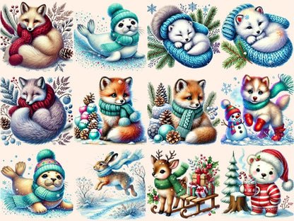 Snowy Critters Clipart animal printables cold weather animals cozy animal art - WondersArtist