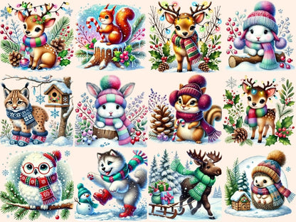 Snowy Critters Clipart animal printables cold weather animals cozy animal art - WondersArtist