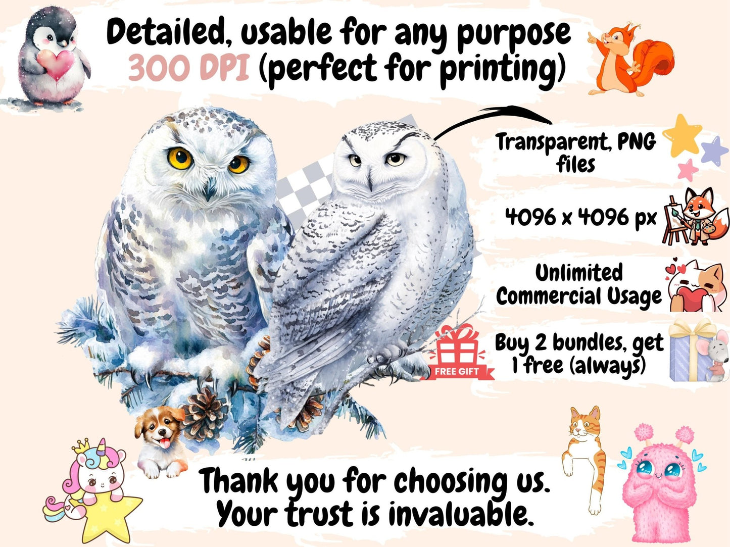 Snowy Owls Watercolor Clipart - High - Quality Instant Digital Download for Creative Projects