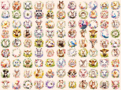 Spring Animal Wreaths Watercolor Clipart animal clipart - Wonders Artist