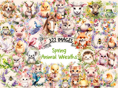 Spring Animal Wreaths Watercolor Clipart animal clipart - Wonders Artist